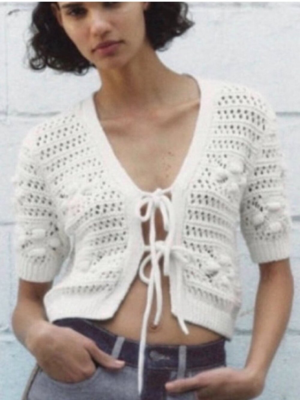 Zara Crochet Top Tie Front Knit Cardigan Sweater Top Cream Size M